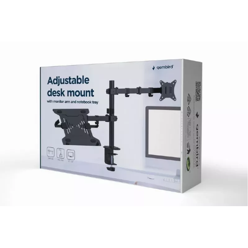 Soporte para monitor Gembird MA-DA-03 para pantallas de 32 pulgadas, pinza de mesa/pasacables, doble brazo, VESA 75x75–100x100, negro