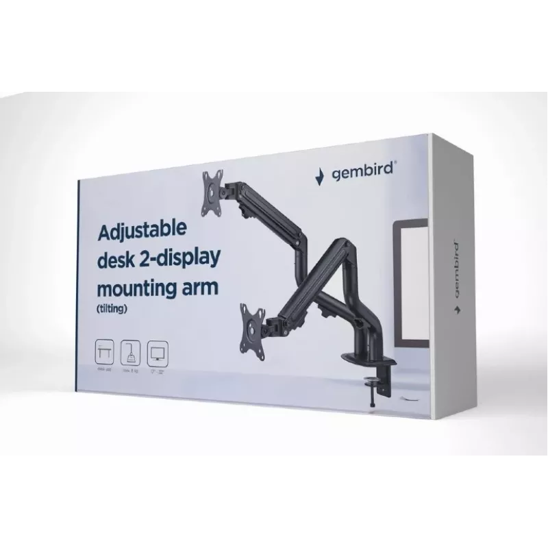 Soporte para monitor GEMBIRD MA-DA2-02 Negro, doble brazo para 2 pantallas de hasta 32 pulgadas, VESA 75x75–100x100, montaje con pinza o pasacables, carga máx. 16 kg