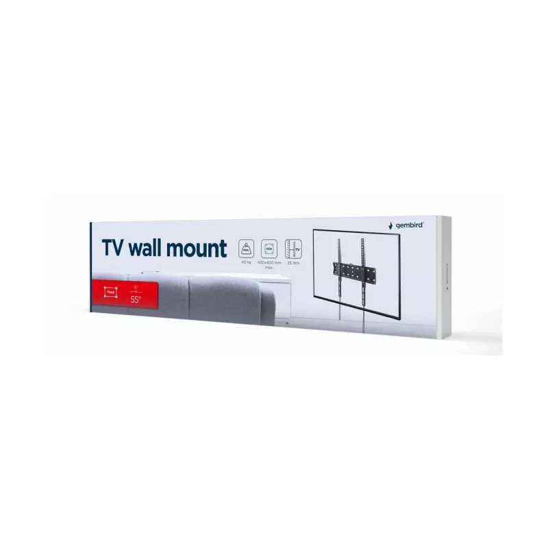 Soporte de TV Gembird WM-55F-02 negro, para pantallas de 32–55 pulgadas, carga máx. 40 kg, VESA 200x200–400x400, perfil extraplano 2,5 cm