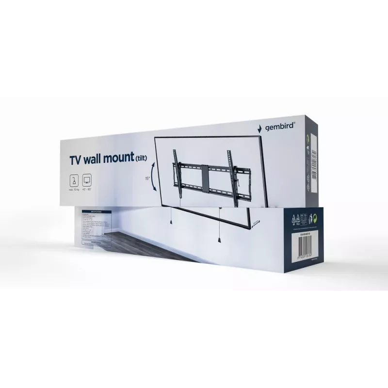 Soporte de pared para TV Gembird WM-90T-01 para pantallas de 43–90 pulgadas, VESA 200x200–800x400, inclinación -12°–3°, capacidad de carga 70 kg, negro