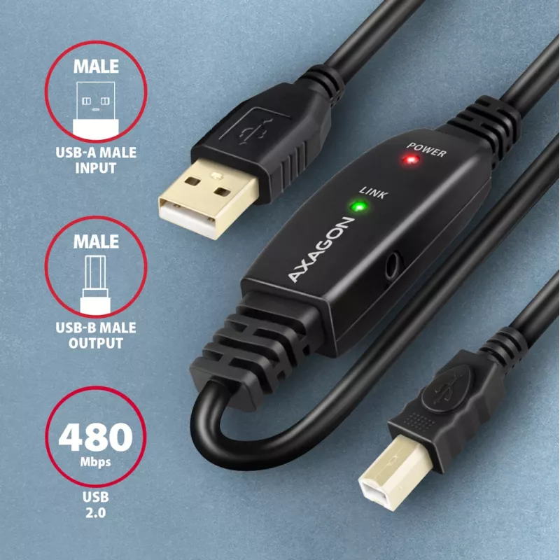 Axagon ADR-220B Cable USB 2.0 A-M -> B-M activo de conexión/repetidor 20 m