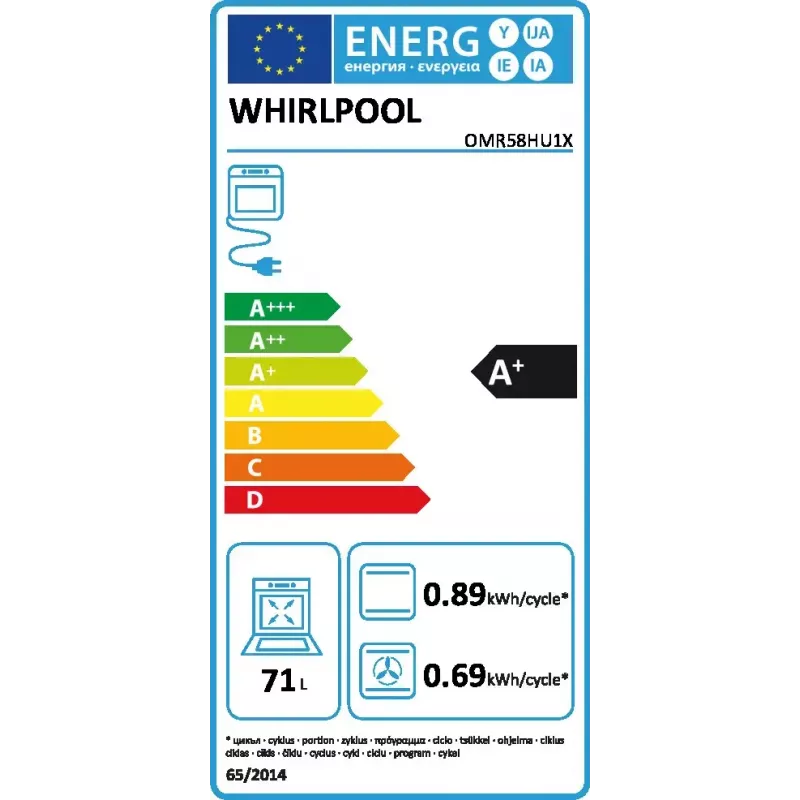 Whirlpool OMR58HU1X horno eléctrico integrable, 71 L, aire caliente, SmartClean, clase energética A+, acero inoxidable