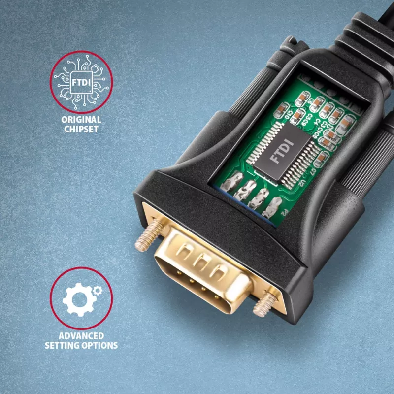 Cable adaptador Axagon ADS-1PQN USB-A 2.0 - serie RS-232 DB9-M FTDI