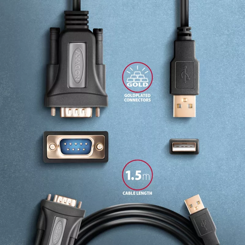 Cable adaptador Axagon ADS-1PQN USB-A 2.0 - serie RS-232 DB9-M FTDI