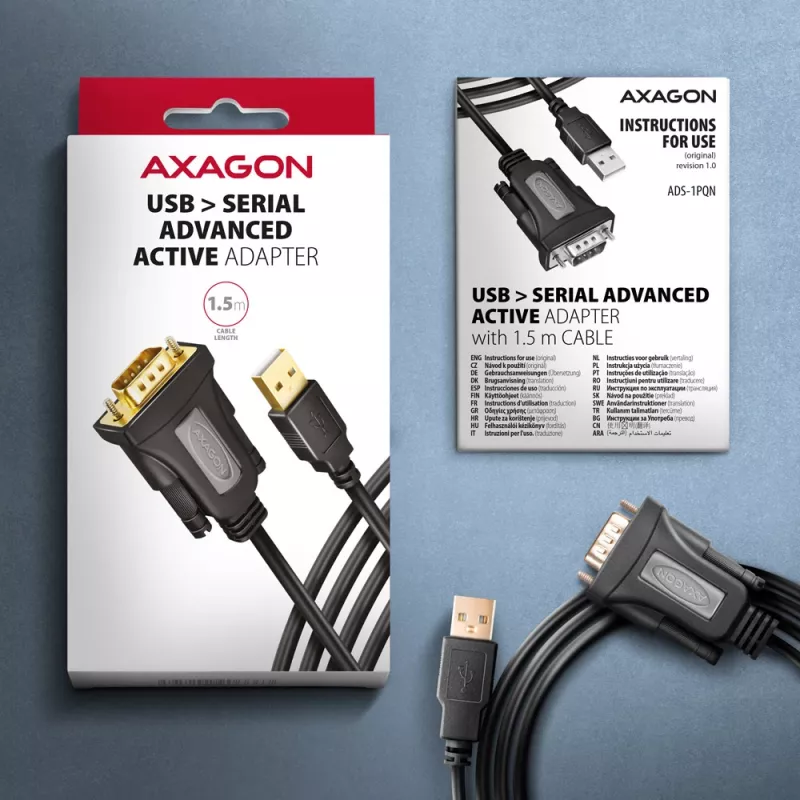 Cable adaptador Axagon ADS-1PQN USB-A 2.0 - serie RS-232 DB9-M FTDI