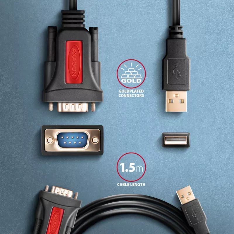 Cable adaptador Axagon ADS-1PSN USB-A 2.0 - serie RS-232 DB9-M Prolific 1,5 m