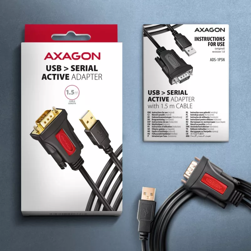 Cable adaptador Axagon ADS-1PSN USB-A 2.0 - serie RS-232 DB9-M Prolific 1,5 m