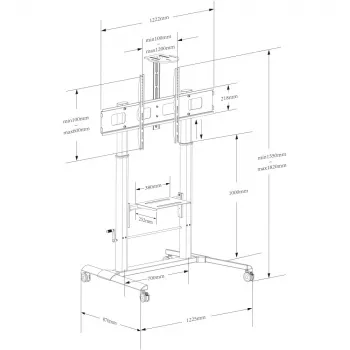 Carro multimedia TECHLY ICA-TR230 negro para pantalla plana de hasta 110 pulgadas, VESA 900x600, altura 1850 mm, carga máx. 120 kg