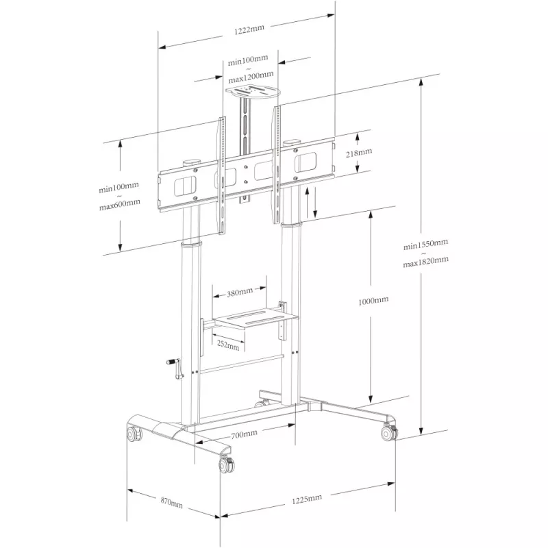 Techly ICA-TR230 carrito móvil para TV de 52-110 pulgadas, altura regulable 1550-1820 mm, VESA hasta 1200x600, 120 kg, 2 estantes, negro