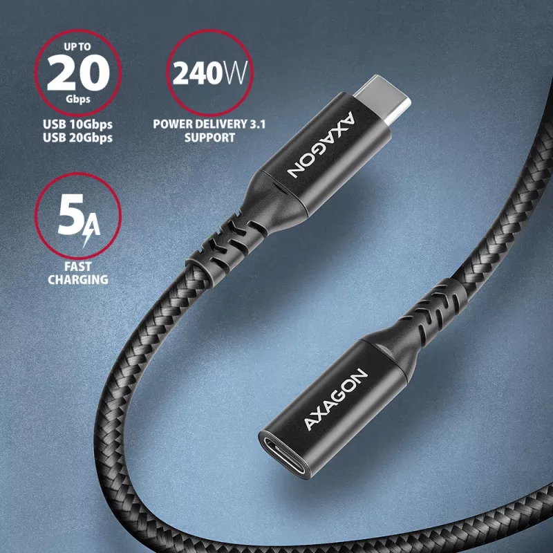 Cable de extensión Axagon BUCM32-CF10AB SPEED+ USB-C USB 20Gbps 1 m