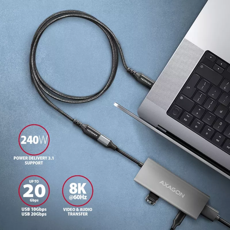 Cable de extensión Axagon BUCM32-CF10AB SPEED+ USB-C USB 20Gbps 1 m