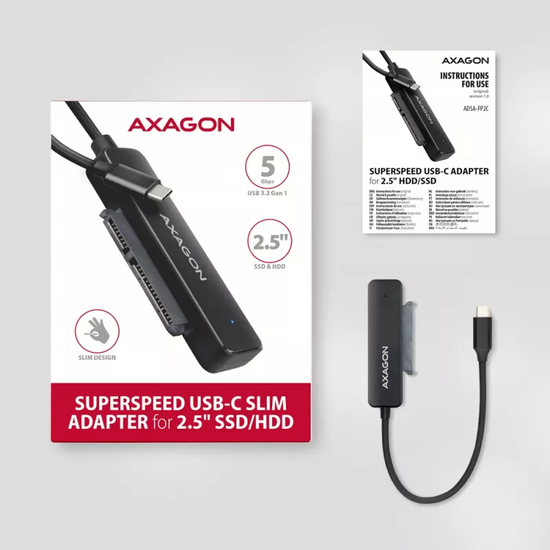 Axagon ADSA-FP2C USB-C 5Gbps - SATA 6G, adaptador SSD/HDD SLIM 2.5 - Adaptador - Tarjetas/adaptadores de interfaz digital/datos