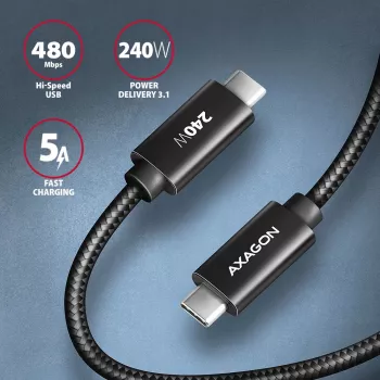 Cable USB de datos y carga Axagon BUCM2-CM10AB 480Mbps 1 m, PD 240W, 5A, negro trenzado