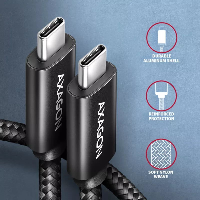 Cable USB de datos y carga Axagon BUCM2-CM10AB 480Mbps 1 m, PD 240W, 5A, negro trenzado