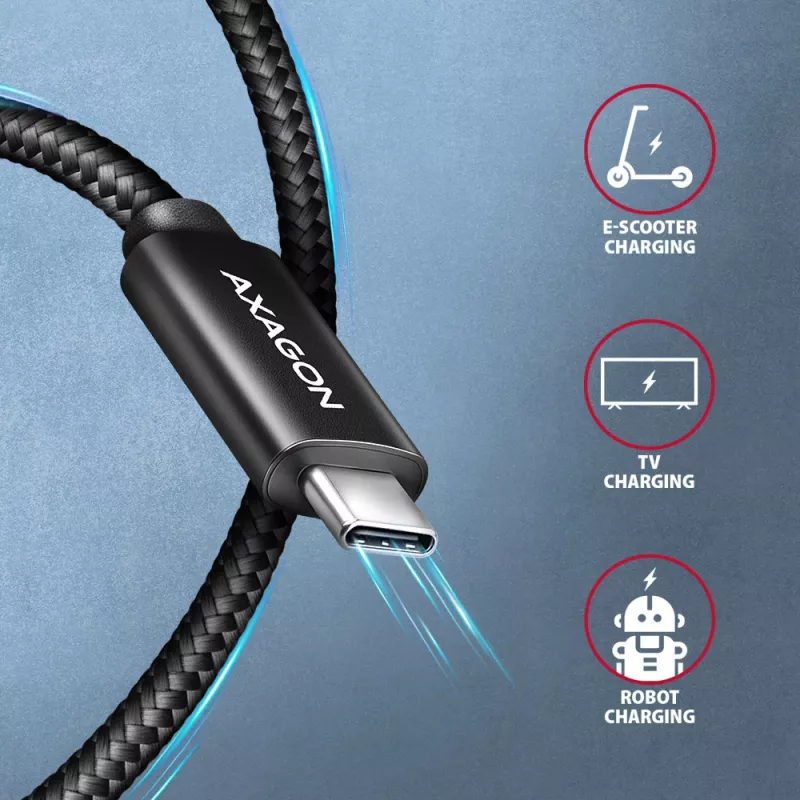 Cable USB de datos y carga Axagon BUCM2-CM10AB 480Mbps 1 m, PD 240W, 5A, negro trenzado