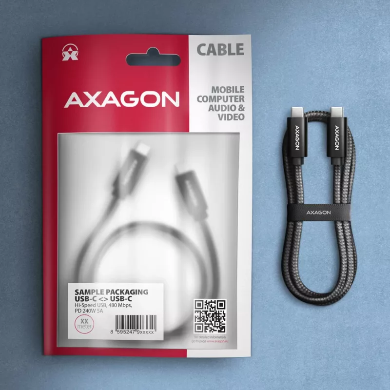 Cable USB de datos y carga Axagon BUCM2-CM20AB 480 Mbit/s 2 m, PD 240 W, 5 A, negro trenzado