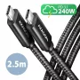 Cable USB de datos y carga Axagon BUCM2-CM25AB 480Mbps 2,5 m. PD 240W, 5A. Negro trenzado