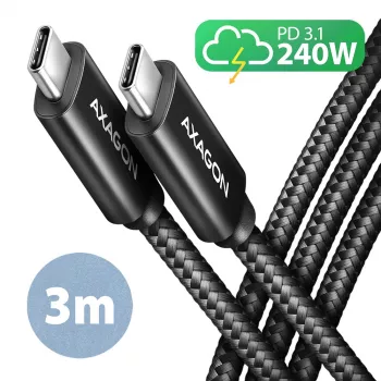 Cable USB de datos y carga Axagon BUCM2-CM30AB 480Mbps 3 m. PD 240W, 5A. Negro trenzado
