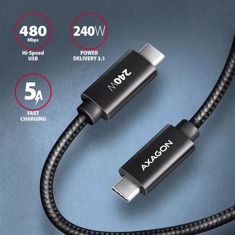 Cable USB de datos y carga Axagon BUCM2-CM30AB 480Mbps 3 m. PD 240W, 5A. Negro trenzado