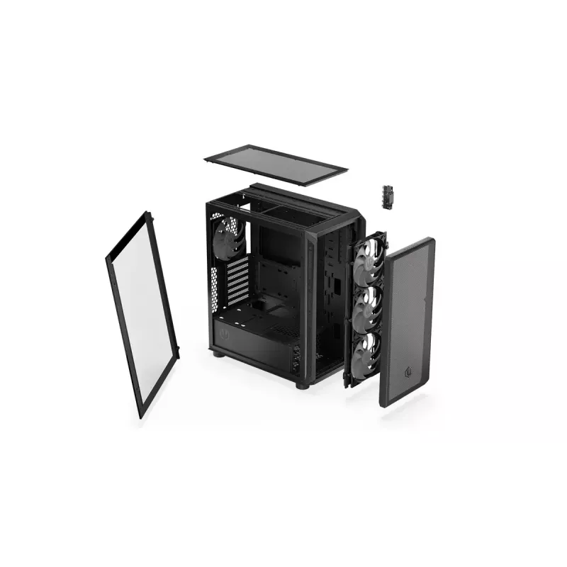 Carcasa de PC ENDORFY Arx 500 ARGB ATX negra — cristal templado, ARGB, ATX, GPU máx. 350 mm, altura de disipador de CPU 179 mm, 7 ranuras de expansión