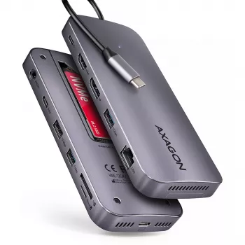 Axagon HMC-12GM2, Hub USB 10Gbps, 3x USB-A, USB-C, HDMI, DP, RJ-45, M.2, SD/mSD, Audio, PD
