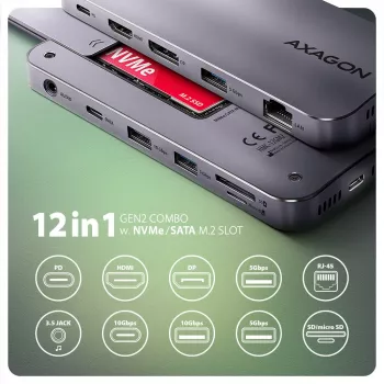 Axagon HMC-12GM2, Hub USB 10Gbps, 3x USB-A, USB-C, HDMI, DP, RJ-45, M.2, SD/mSD, Audio, PD