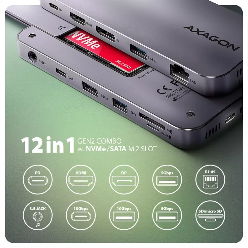 Axagon HMC-12GM2, Hub USB 10Gbps, 3x USB-A, USB-C, HDMI, DP, RJ-45, M.2, SD/mSD, Audio, PD