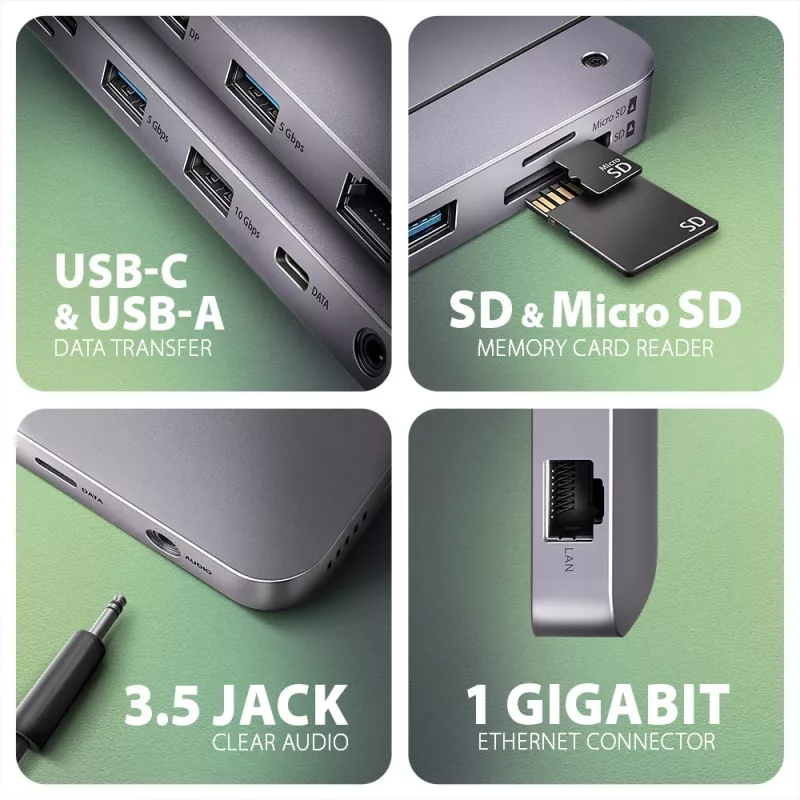 Axagon HMC-12GM2, Hub USB 10Gbps, 3x USB-A, USB-C, HDMI, DP, RJ-45, M.2, SD/mSD, Audio, PD