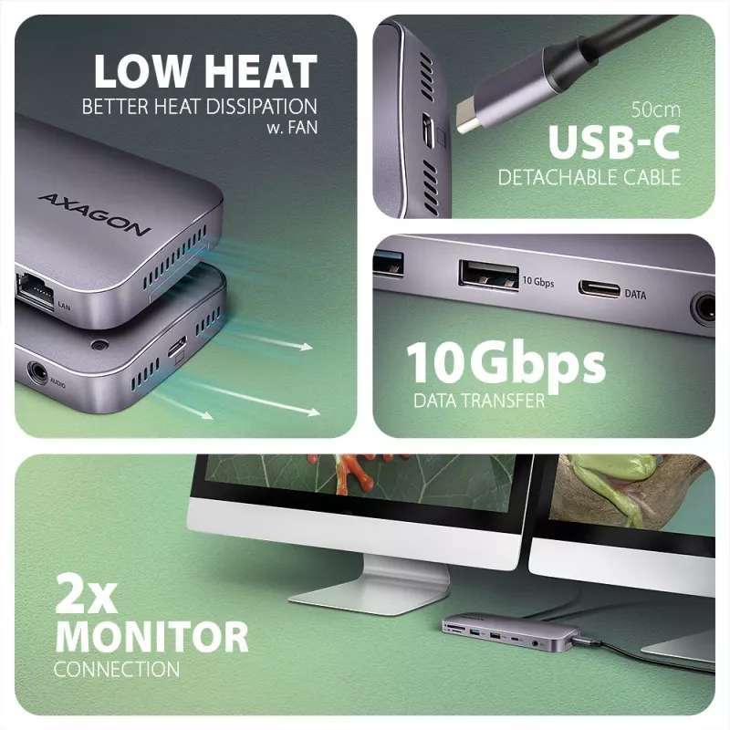 Axagon HMC-12GM2, Hub USB 10Gbps, 3x USB-A, USB-C, HDMI, DP, RJ-45, M.2, SD/mSD, Audio, PD