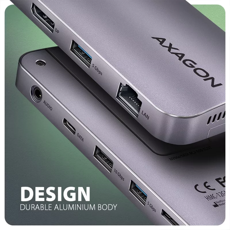 Axagon HMC-12GM2, Hub USB 10Gbps, 3x USB-A, USB-C, HDMI, DP, RJ-45, M.2, SD/mSD, Audio, PD