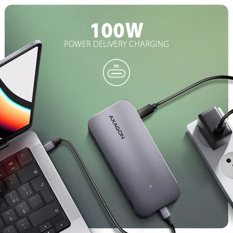 Axagon HMC-12GM2, Hub USB 10Gbps, 3x USB-A, USB-C, HDMI, DP, RJ-45, M.2, SD/mSD, Audio, PD