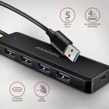 Axagon HUE-C1A Hub TRAVEL 4x USB 5Gbps, entrada de alimentación USB-C, cable USB-A de 19 cm