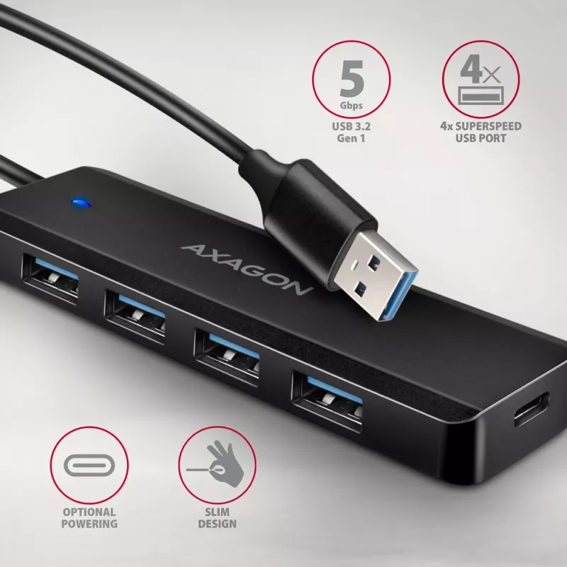 Axagon HUE-C1A Hub TRAVEL 4x USB 5Gbps, entrada de alimentación USB-C, cable USB-A de 19 cm