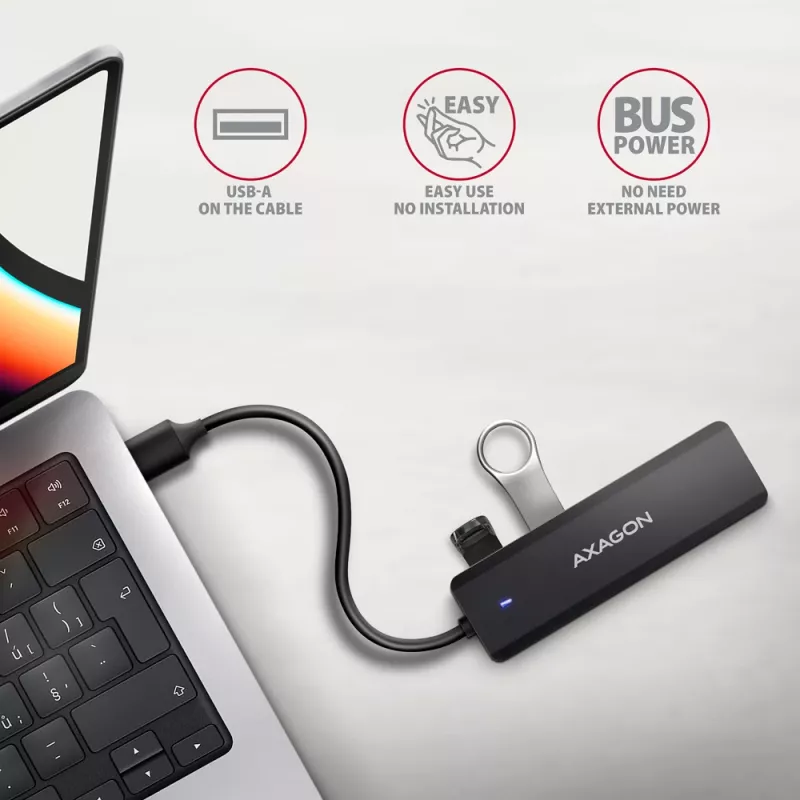 Axagon HUE-C1A Hub TRAVEL 4x USB 5Gbps, entrada de alimentación USB-C, cable USB-A de 19 cm