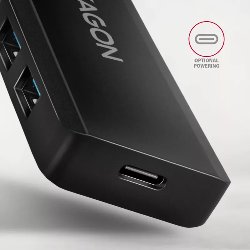 Axagon HUE-C1A Hub TRAVEL 4x USB 5Gbps, entrada de alimentación USB-C, cable USB-A de 19 cm