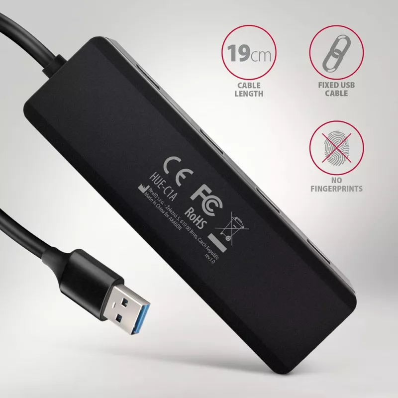Axagon HUE-C1A Hub TRAVEL 4x USB 5Gbps, entrada de alimentación USB-C, cable USB-A de 19 cm