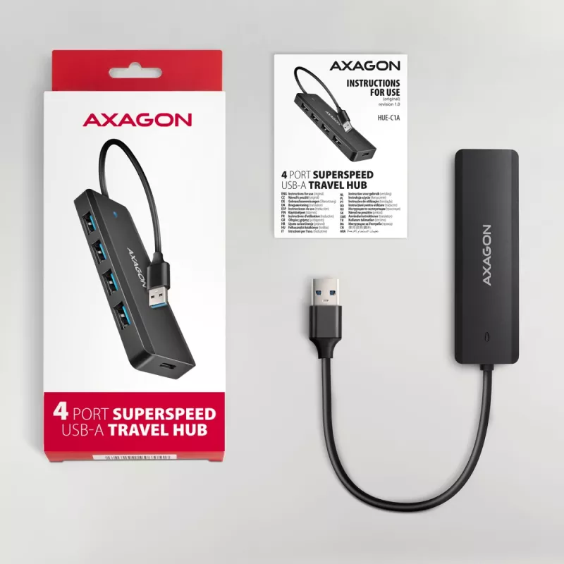 Axagon HUE-C1A Hub TRAVEL 4x USB 5Gbps, entrada de alimentación USB-C, cable USB-A de 19 cm