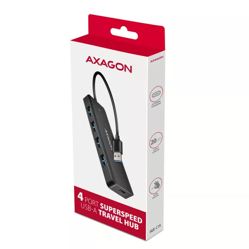 Axagon HUE-C1A Hub TRAVEL 4x USB 5Gbps, entrada de alimentación USB-C, cable USB-A de 19 cm