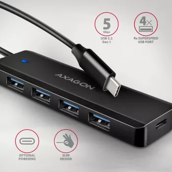 Axagon HUE-C1C Hub TRAVEL 4x USB 5Gbps, entrada de alimentación USB-C, cable USB-C de 19 cm