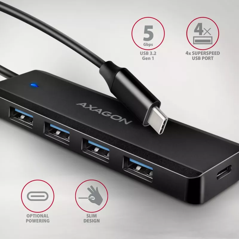 Axagon HUE-C1C Hub TRAVEL 4x USB 5Gbps, entrada de alimentación USB-C, cable USB-C de 19 cm