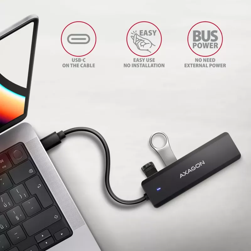 Axagon HUE-C1C Hub TRAVEL 4x USB 5Gbps, entrada de alimentación USB-C, cable USB-C de 19 cm