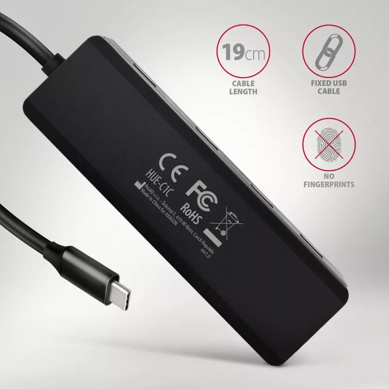 Axagon HUE-C1C Hub TRAVEL 4x USB 5Gbps, entrada de alimentación USB-C, cable USB-C de 19 cm