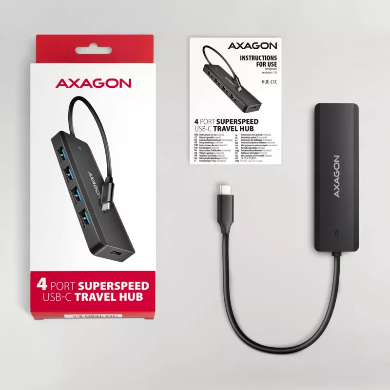 Axagon HUE-C1C Hub TRAVEL 4x USB 5Gbps, entrada de alimentación USB-C, cable USB-C de 19 cm