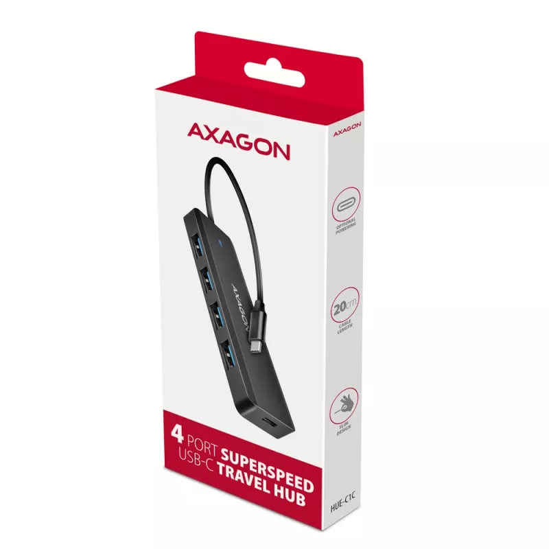 Axagon HUE-C1C Hub TRAVEL 4x USB 5Gbps, entrada de alimentación USB-C, cable USB-C de 19 cm