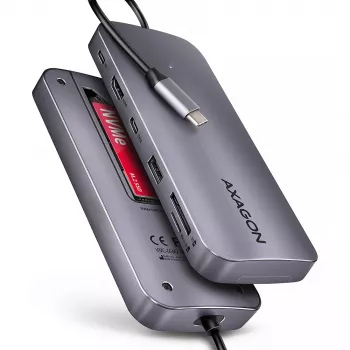 Axagon HMC-6GM2 Hub USB 10Gbps USB-A USB-C HDMI M.2 SD/mSD PD 100W Cable USB-C con cable USB 3.2 Gen 2 (3.1 Gen 2) Type-C gris
