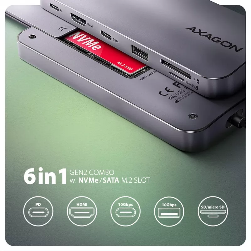 Axagon HMC-6GM2 Hub USB 10Gbps USB-A USB-C HDMI M.2 SD/mSD PD 100W Cable USB-C con cable USB 3.2 Gen 2 (3.1 Gen 2) Type-C gris