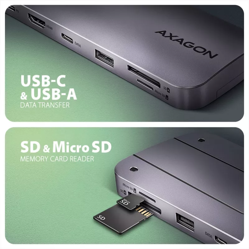 Axagon HMC-6GM2 Hub USB 10Gbps USB-A USB-C HDMI M.2 SD/mSD PD 100W Cable USB-C con cable USB 3.2 Gen 2 (3.1 Gen 2) Type-C gris