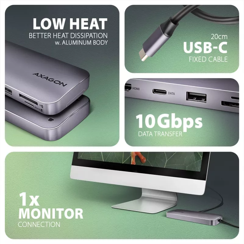 Axagon HMC-6GM2 Hub USB 10Gbps USB-A USB-C HDMI M.2 SD/mSD PD 100W Cable USB-C con cable USB 3.2 Gen 2 (3.1 Gen 2) Type-C gris
