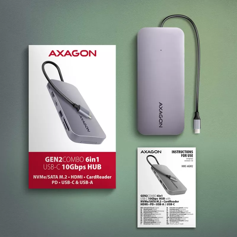 Axagon HMC-6GM2 Hub USB 10Gbps USB-A USB-C HDMI M.2 SD/mSD PD 100W Cable USB-C con cable USB 3.2 Gen 2 (3.1 Gen 2) Type-C gris