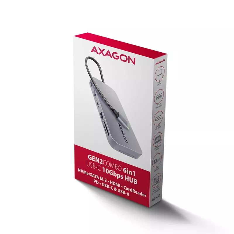 Axagon HMC-6GM2 Hub USB 10Gbps USB-A USB-C HDMI M.2 SD/mSD PD 100W Cable USB-C con cable USB 3.2 Gen 2 (3.1 Gen 2) Type-C gris